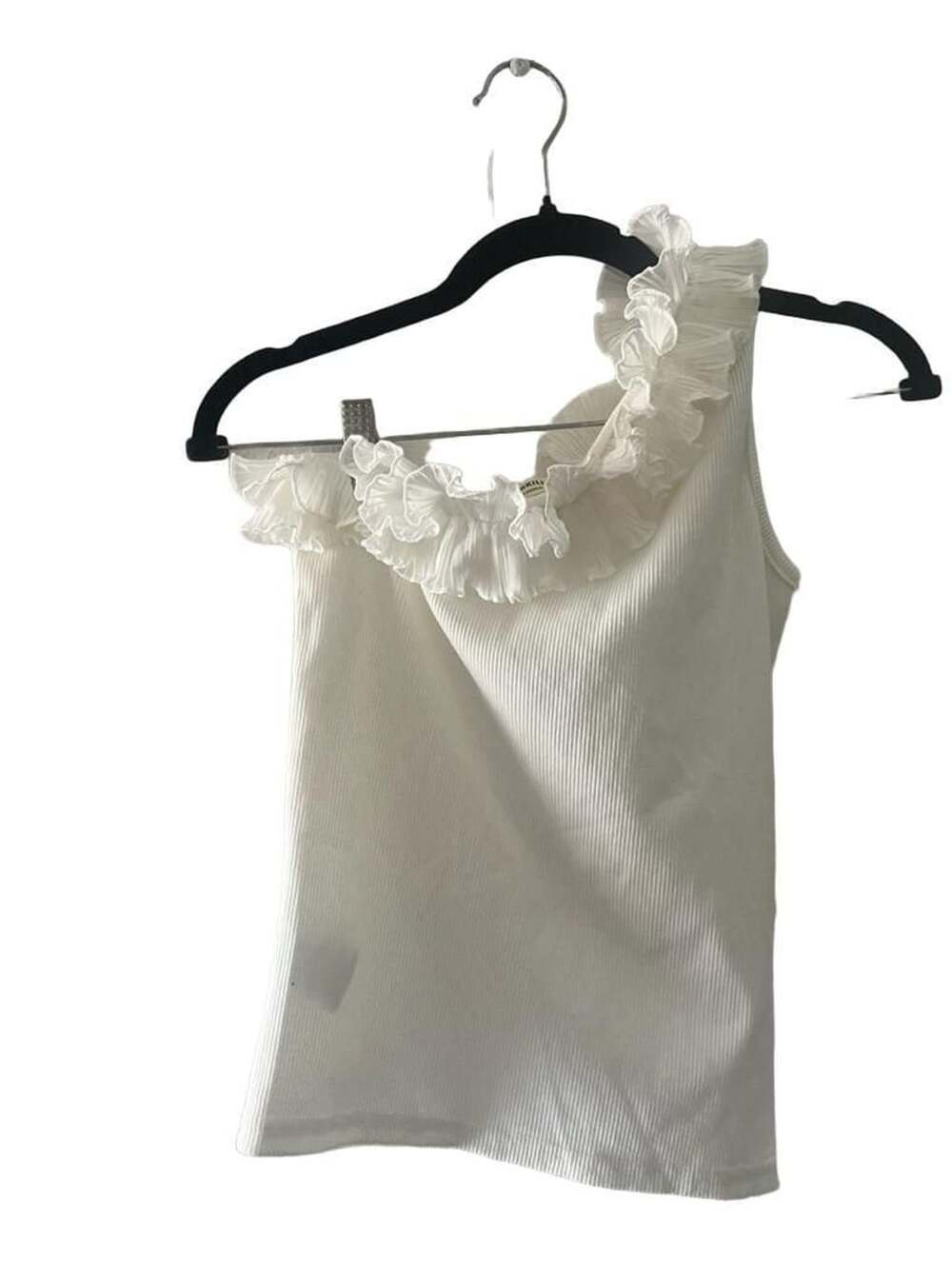 White One Shoulder Ribbed Tank Top With Ruffle Trim - Picture 3 of 4